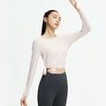 thumbnail image 6 of Athletic Long Sleeve T Shirt for Women Stretchy Soft Round Neck Workout Yoga Irregular Hem Basic Top with Thumb Hole, 6 of 6