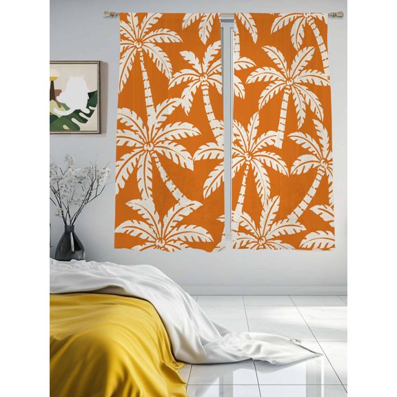 Seaside Palm Tree on Orange Sheer Curtains 2 Panels Set Tropical Plant Seamless Lihgt Filtering Rod Pocket Voile Drape,Semi Sheer Window Curtains for Bedroom Living Room,52"x63"