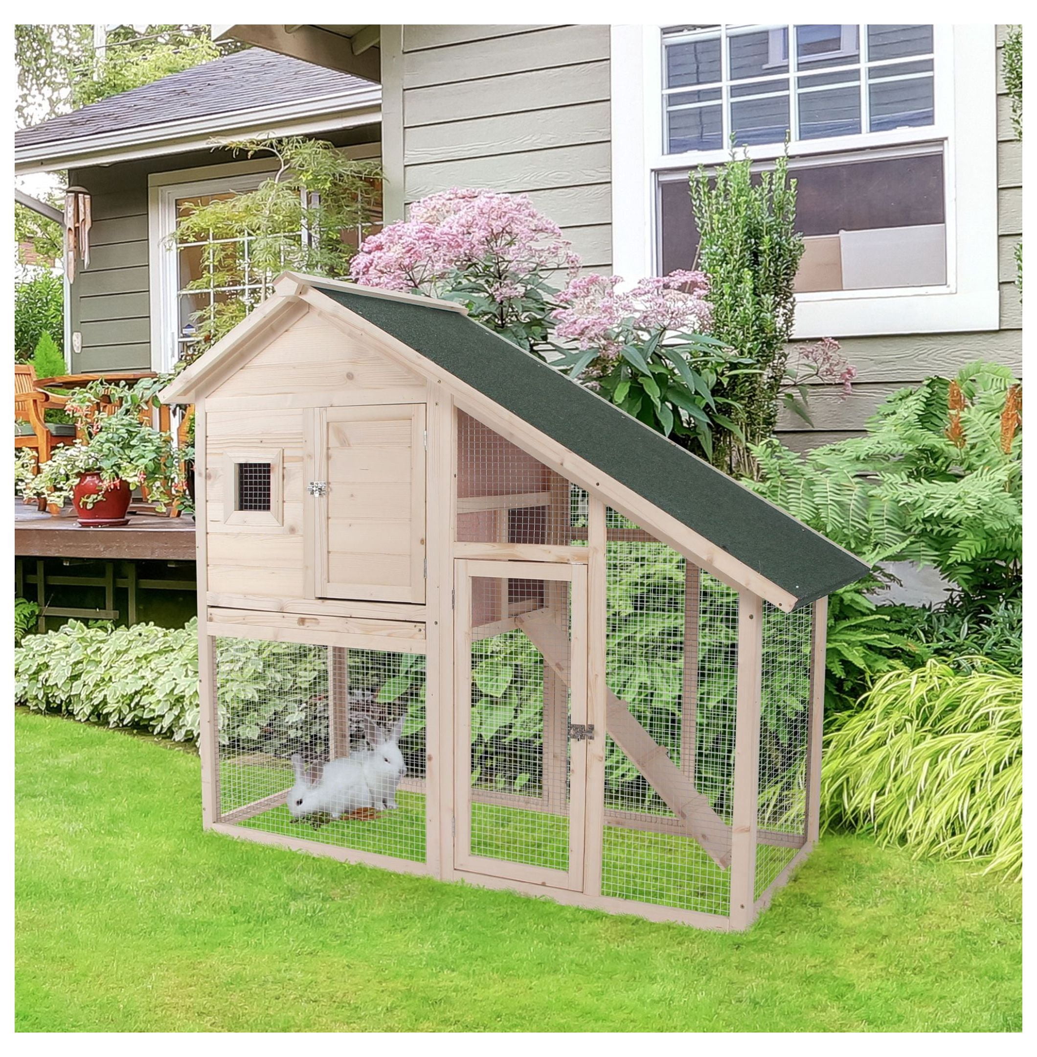 Wood Rabbit Hutch 2-Tier Small Animal House with Ramp & Run Natural 55" L
