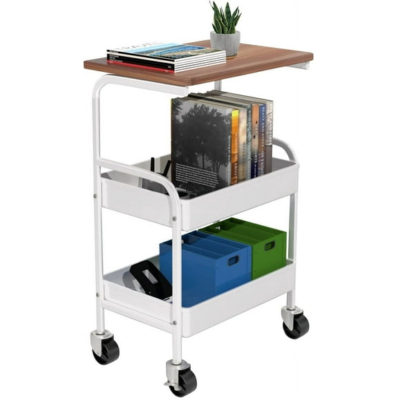 Rolling Cart with Wooden Tabletop, 3 Tier Metal Utility Cart, Rolling Storage Organizer Cart with Lockable Wheels for Kitchen, Office, Bedroom (White)