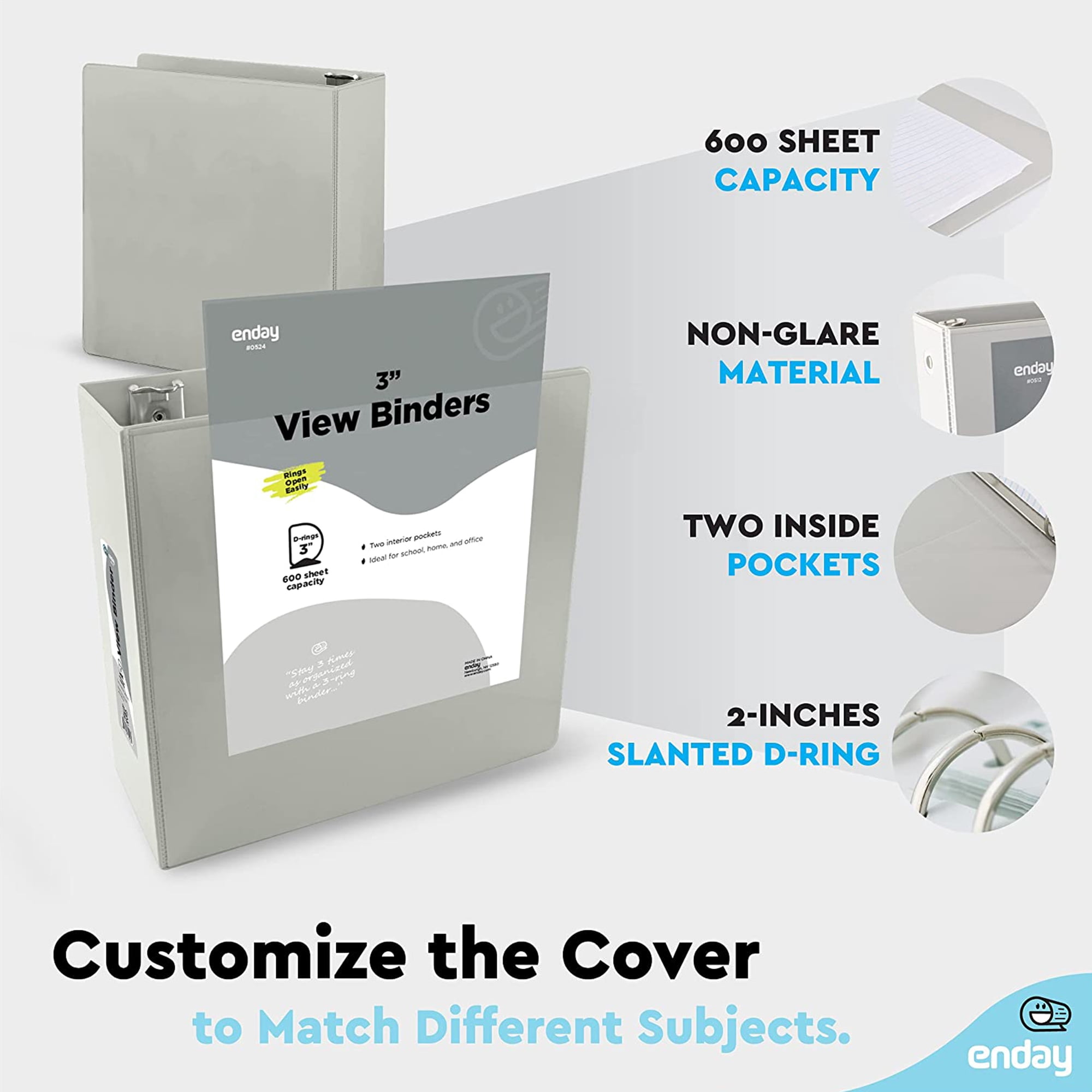Enday 3 Inch Binder 3 Ring Binders with Pockets for Home, Office, School Supplies Organization, Gray 6 Pc