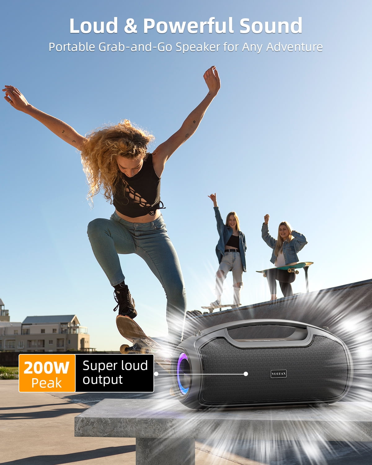 Portable Bluetooth Speaker 200W Peak Wireless, IP65 Waterproof Outdoor Speaker with Bass Boost, 24H Battery, TWS and USB/AUX/TF Input for Party