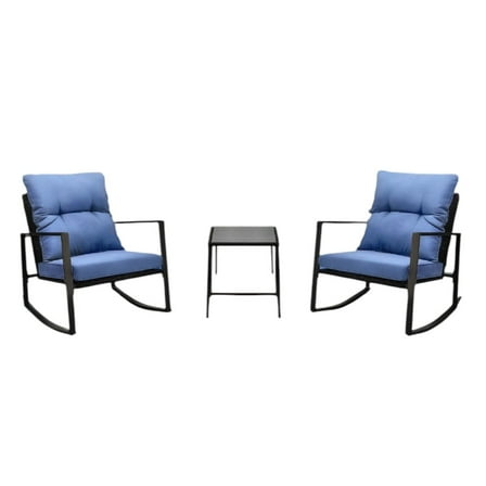 Gzxs 3 Pieces Patio Set, Modern Wicker Conversation Sets with Square Coffee Table, 2 Rattan Rocking Chairs with Blue Cushions for Outdoor, Yard and Bistro (Black)