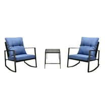 Gzxs 3 Pieces Patio Set, Modern Wicker Conversation Sets with Square Coffee Table, 2 Rattan Rocking Chairs with Blue Cushions for Outdoor, Yard and Bistro (Black)