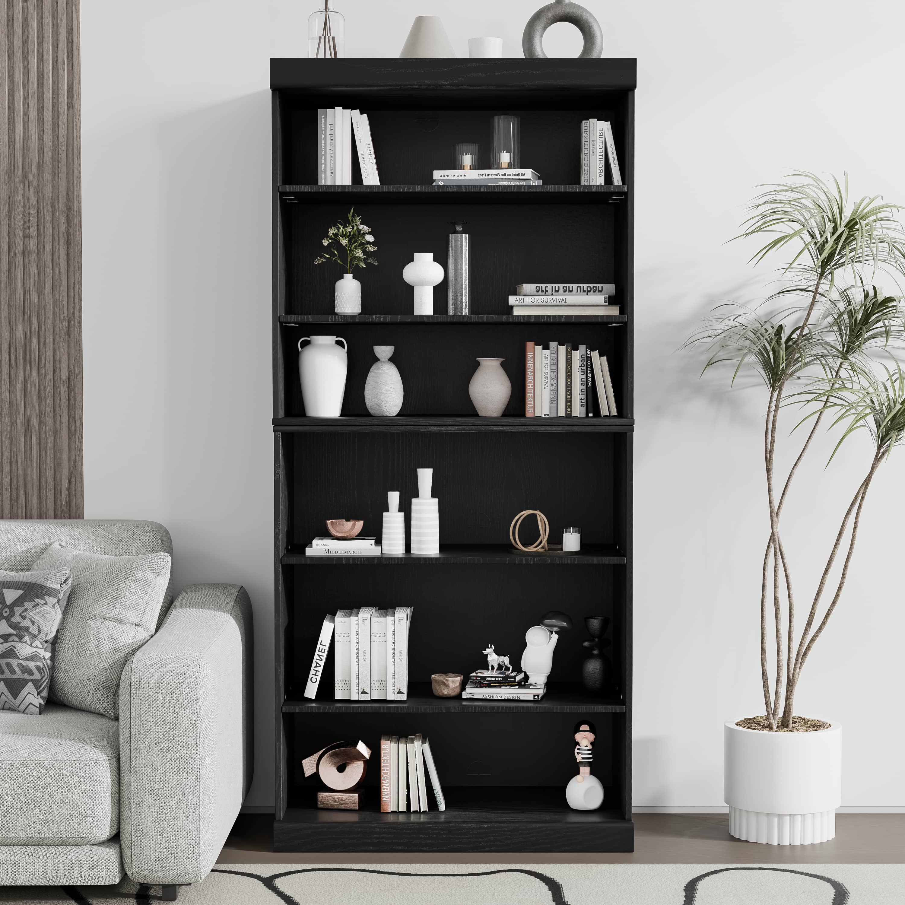 MAYEERTY 36"x31"x16" Doorless Storage Wood Cabinet for Living Room, Black