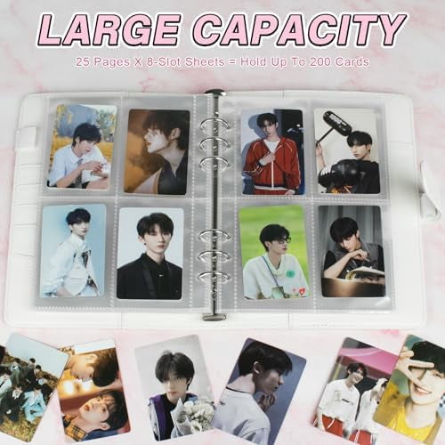 A5 Kpop Photocard Binder, 6 Ring Binder Album with 200 Card Slots, PU Leather Binder Cover with Magnetic Buckle Closure for Organizing Trading Cards - White