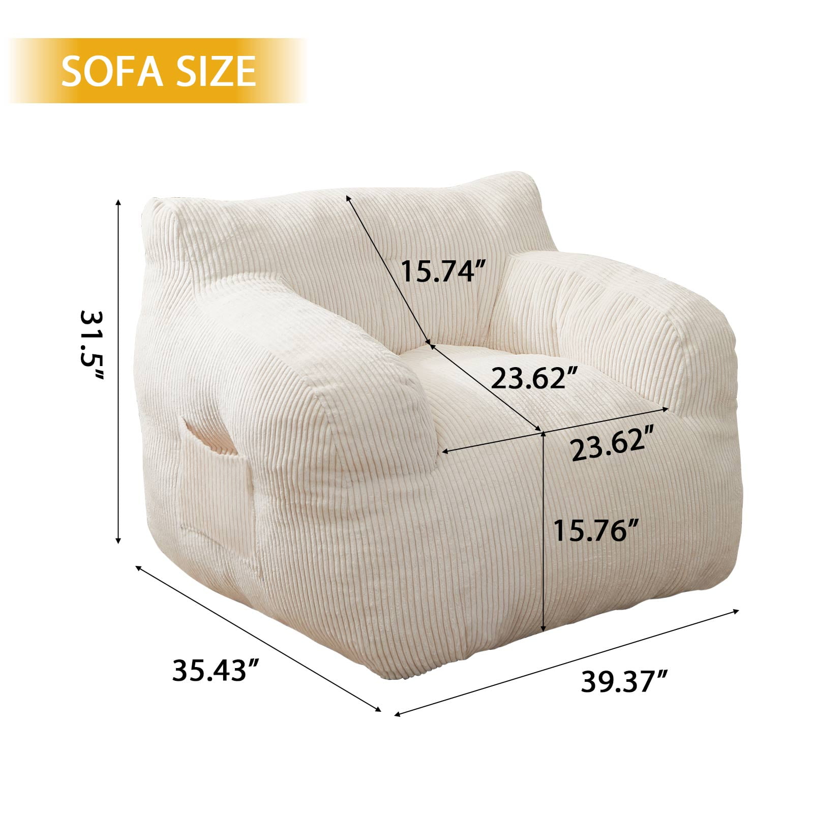 GOODONE Giant Bean Bag Chairs for Adults,Big Comfy Chair Sofa for Bedroom Living Room, Large Lazy Bean Bag Chair with Pocket Armrests for Gaming, Reading,Beige,L
