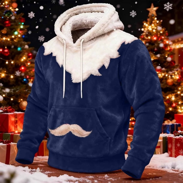 Ceisia Cozy Fleece-Lined Mens Loose Fit Santa Style Color Block Hooded Sweatshirt Gifts