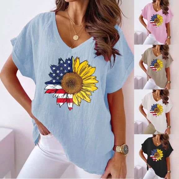 CHUMUD 4th of July Shirts for Women American Flag Sunflower Graphic Tee USA Red White Blue Top Patriotic Short Sleeve V Neck T Shirt (Avail for Plus Size)