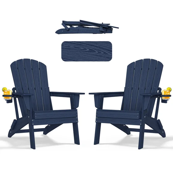 Buytoshop HDPE Folding Adirondack Chairs with Cup Holder, 2Pack,Navy Blue