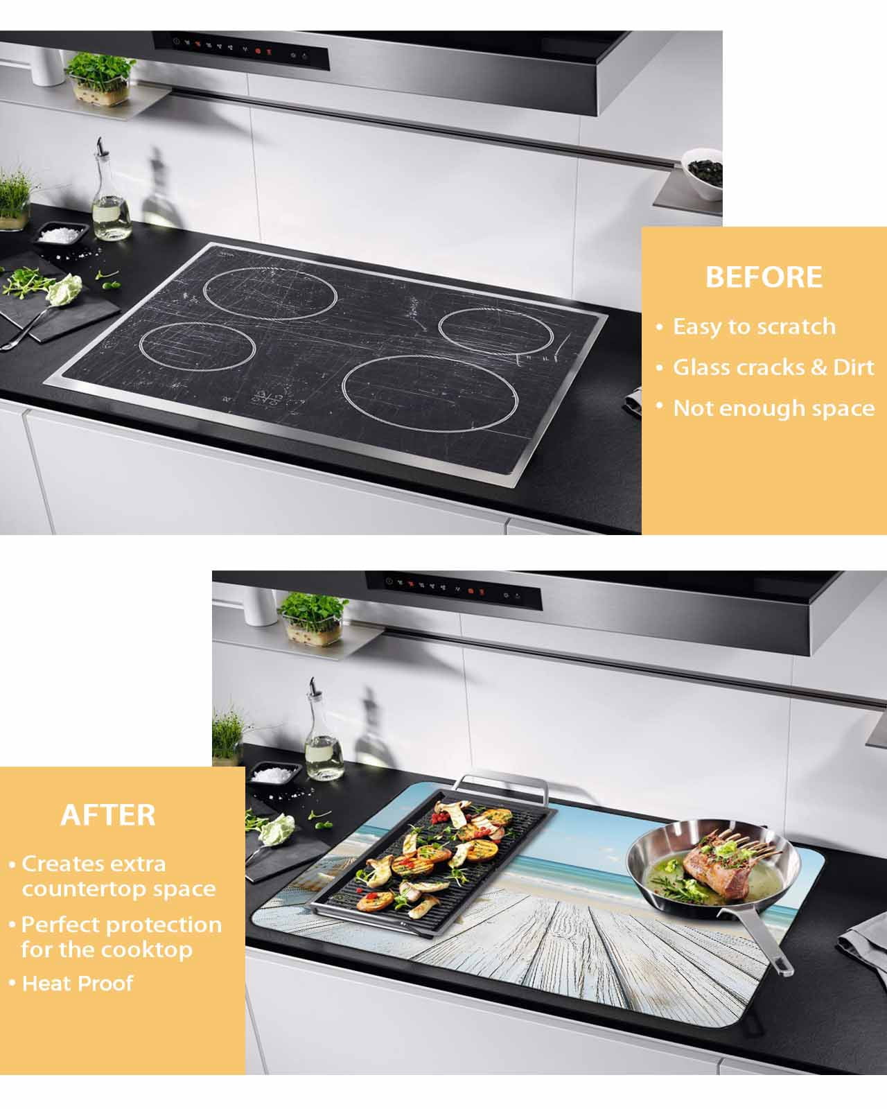 nqOlkjepod Large Induction Cooktop Protector Mat 36"x21", Summer Beach Stove Top Covers for Electric Stove, Ocean Coastal Starfish Seashells Blue Sky Stove Burner Cover Mats, Glass Top Stove Cover