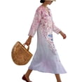 thumbnail image 3 of DISNIMO Dragonfly Flower Print Women's Casual Maxi Dresses Loose V Neck Dress Vacation 3/4 Sleeve Midi Dress Fashion Linen-Like Dresses, XL, 3 of 6