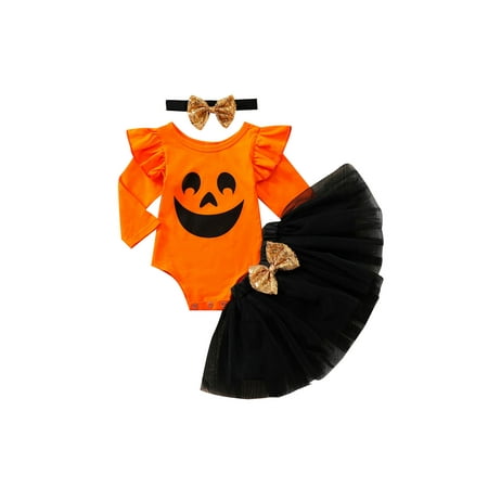 

Canrulo 3PCS Newborn Infant Kids Baby Girls Halloween Smile Face Romper Tutu Skirt Headband Set Orange 0-3 Months
