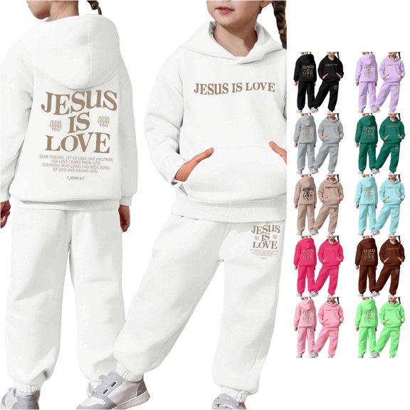 Ulitacool Outfits For Girl Solid Color Cartoon Pattern Long Sleeve Tracksuit Hoodie Pants Classic Toddler Playsuit 2-3 Years White