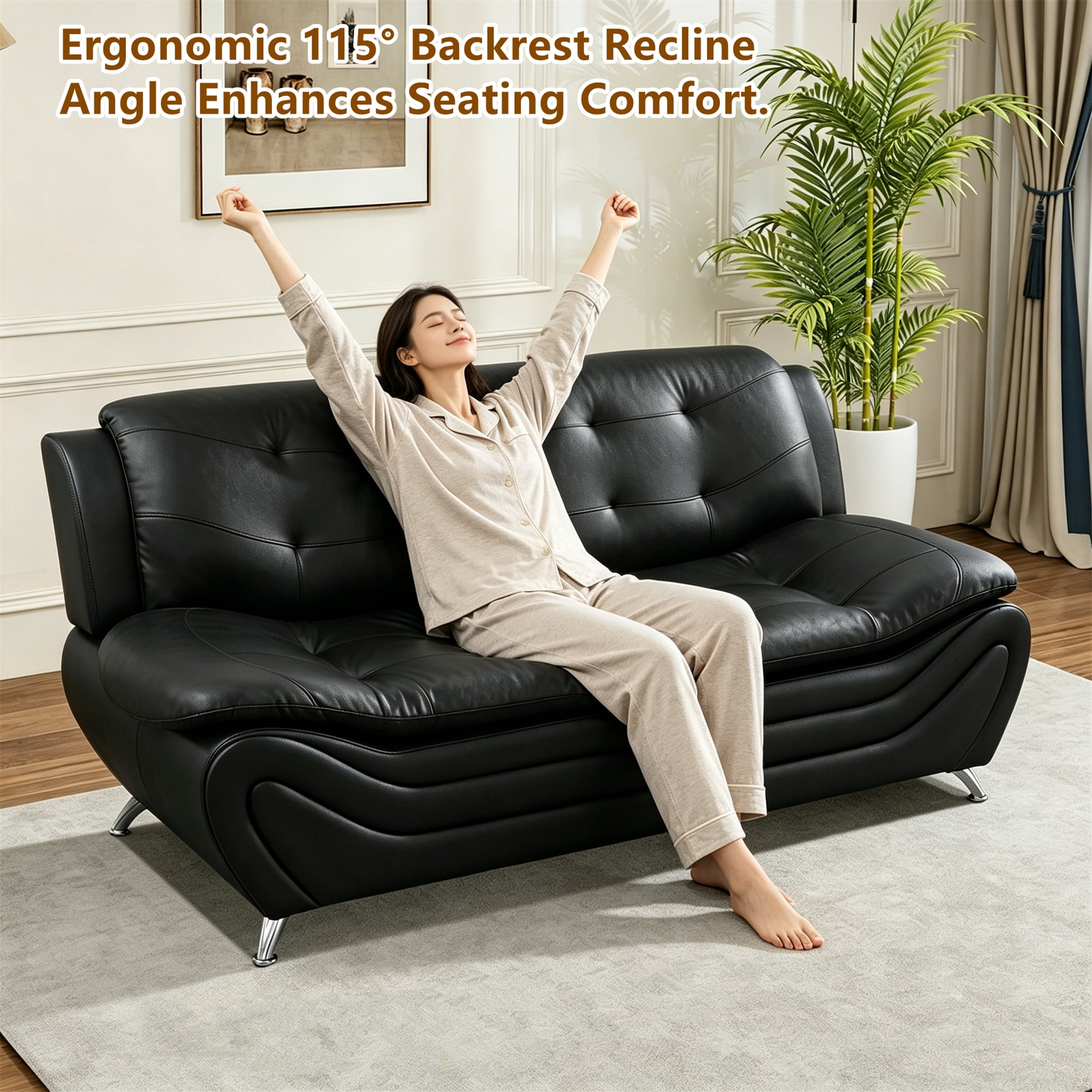 Aukfa 76.5" Upholstered 3 Seat Sofa Couch for Living Room, Leather, Tufted Back, Black