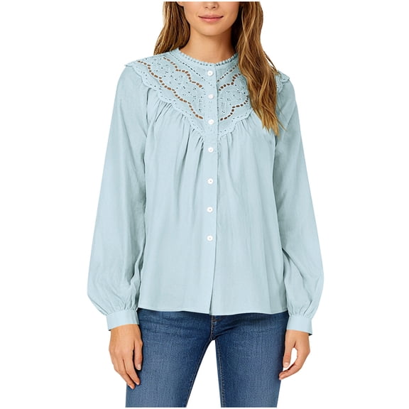Lenpel Button down Shirts for Women Cotton Long Sleeve Mock Neck Pleated Lace Hollow out Tops Dressy Casual Blouses(Blue,X-Large)