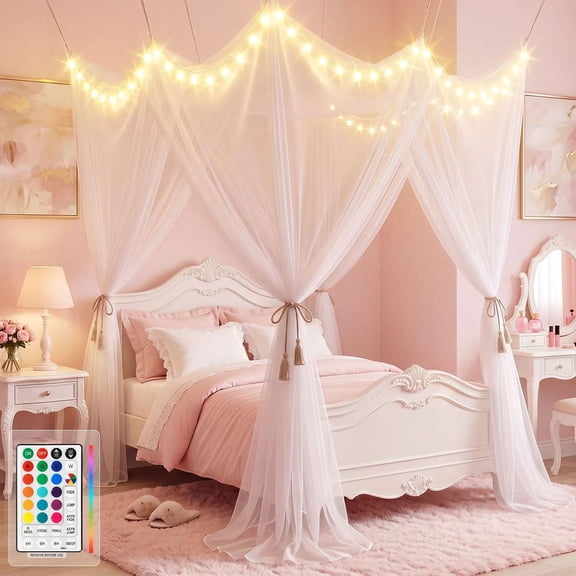 Bed Canopy with RGB Fairy Lights for Girls Full Queen Twin Size Bed | 8 Corners Post White Canopy Bed Curtains Mosquito Net with Lights Remote Timer for Kids Adults Indoor Girls Bedroom Decor
