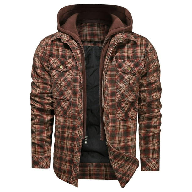 Anyvearon Men's Plaid Flannel Quilted Shirts Jacket with Removable Hood