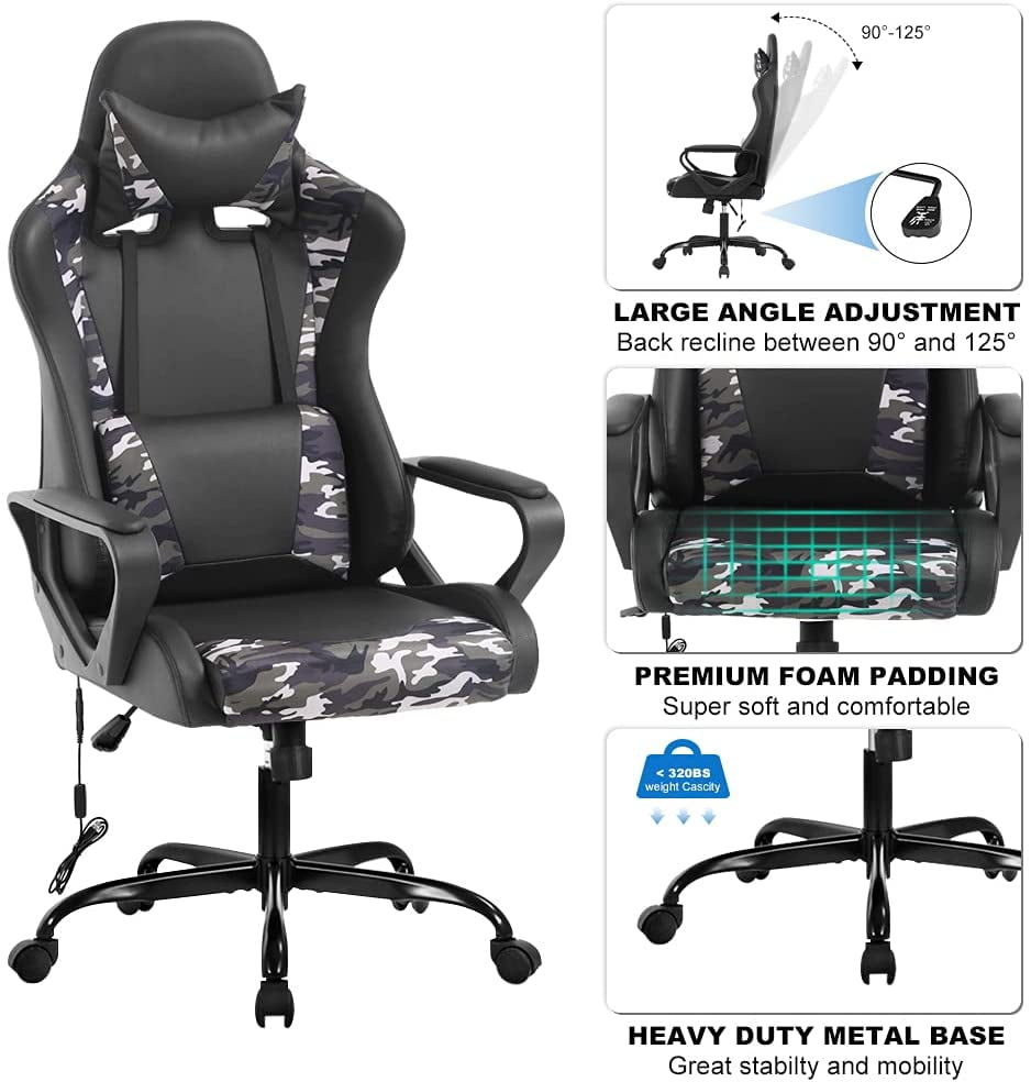 Dkelincs PC Gaming Chair Massage Computer Desk Chair with Headrest Adjustable Office Chair with Armrest & Massage Lumbar Support for Teens & Kids, CAMO