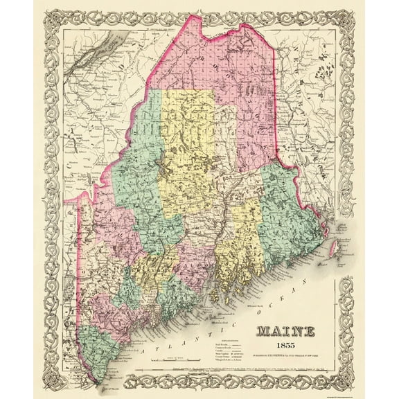 Historic State Map - Maine - Colton 1855 - 23 x 27.63 - Vintage Wall Art