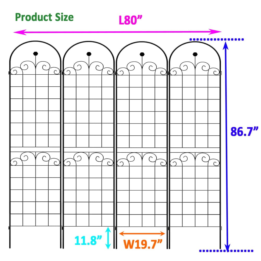 Tcbosik 4 Pack Garden Trellis for Climbing Plants Outdoor, 86.7" x 19.7" Metal Decorative Trellis for Vine Vegetable Flower Ivy Cucumber, Black