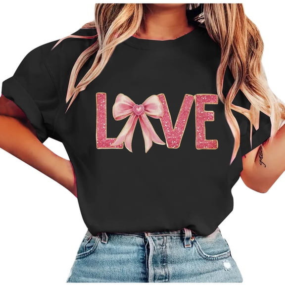 Levmjia Womens Tops Fashion Casual Short Sleeve Blouse Printed Valentine Day Round Neck Comfortable Polyester Stretch Regular Fit Spring Summer Tee
