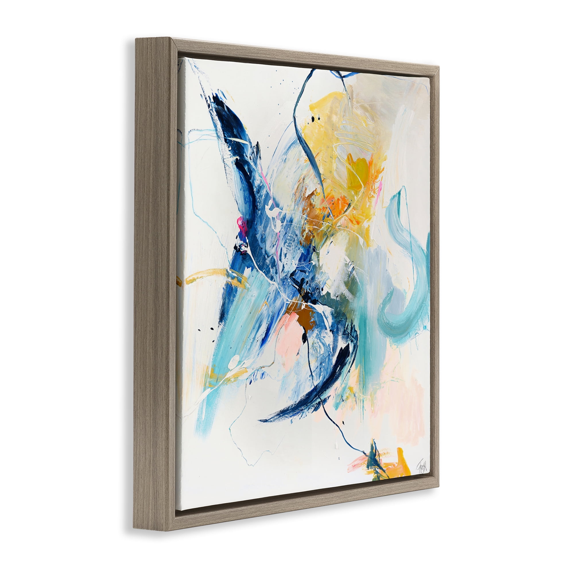 Confident Blue Abstraction Brown Framed Floater Canvas Wall Art, design by Design Fabrikken