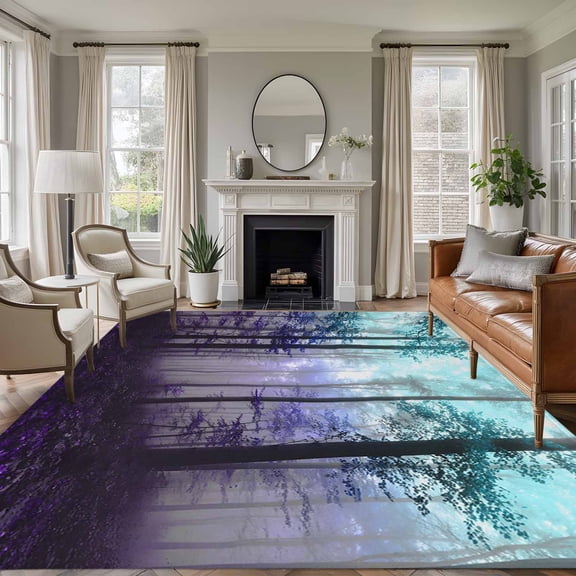 Area Rug for Living Room, Teal Purple Forest Non-Slip Indoor Large Carpet for Bedroom/Dining Room, Vintage Foggy Woods Tree Washable Low-Profile Rectangle Floor Runner Rugs - 6 x 9 Ft