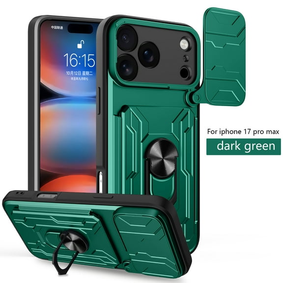 Decase for iPhone 17 Pro Max Case with Card Holder & Slide Lens Cover, Shockproof Heavy Duty Protection Cover with Ring Kickstand Dual-Layer Hard Cell Phone Case,Green