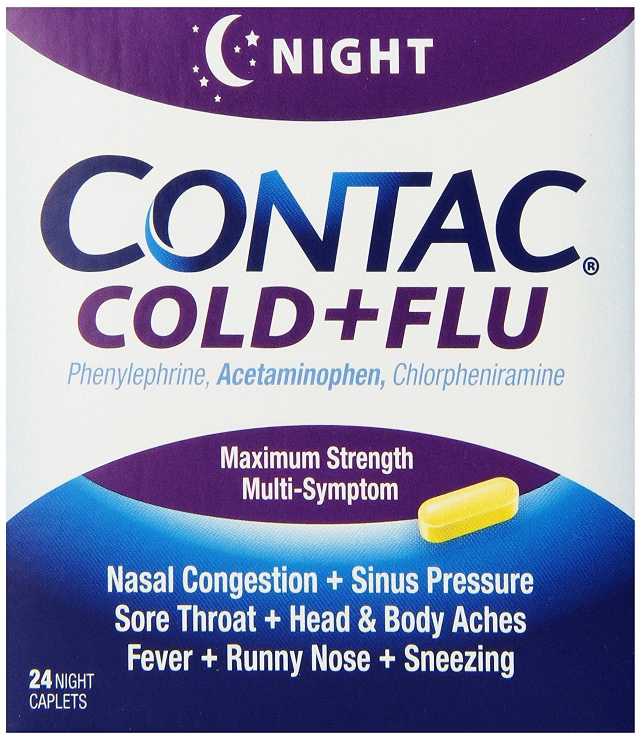 Contac Cold Flu Night featuring powerful cold flu relief, 24 caplets ...