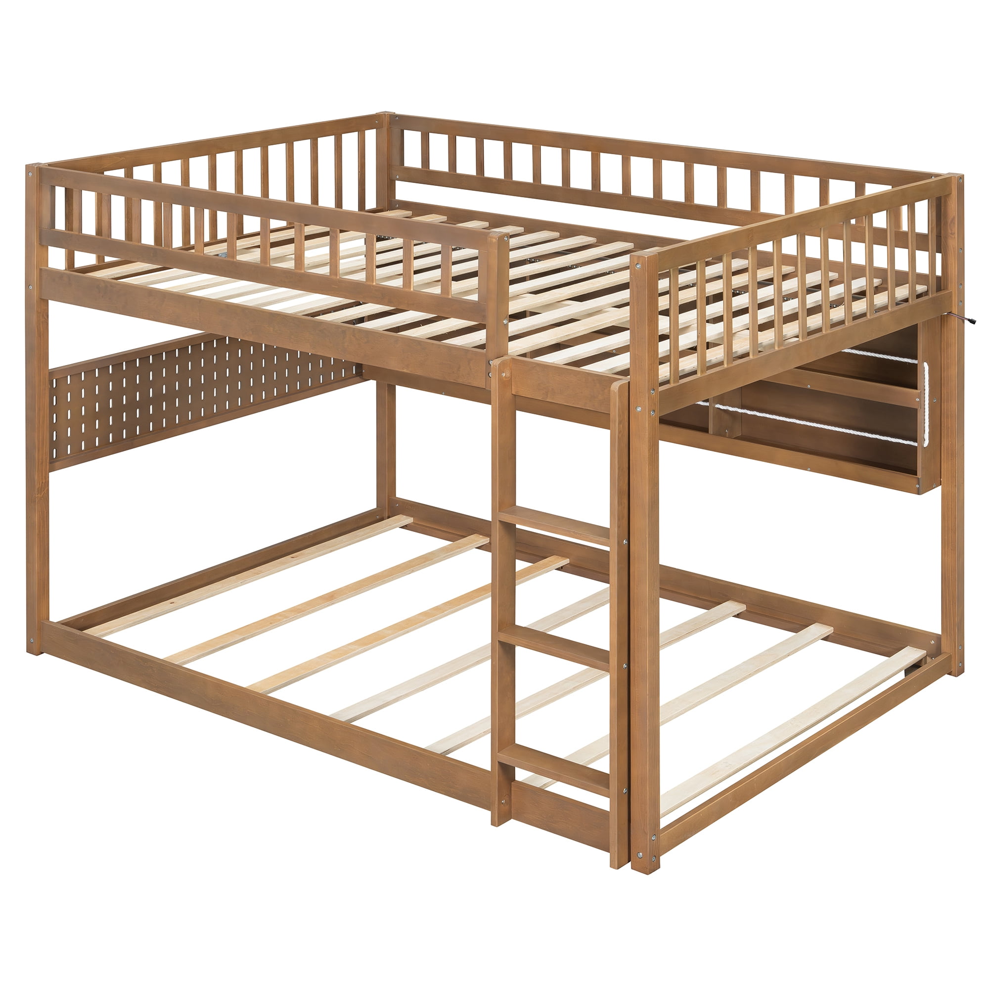 Full over Full Wood Bunk Bed with Integrated Side Storage Shelves and Pegboard, Solid Wood Bunk Bed Frame with Color-Changing Lights and Safety Guardrails for Teens, Adults, Guests