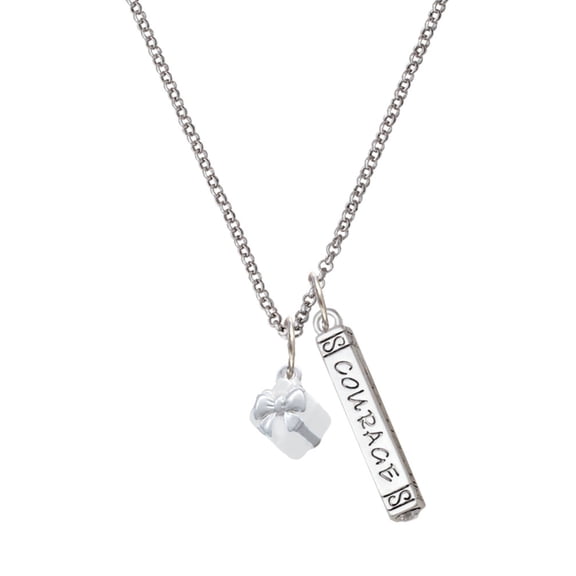 Delight Jewelry Silvertone Small 3-D White Present Box with Bow Silvertone Courage Strength Wisdom Honesty Bar Charm Necklace, 23"