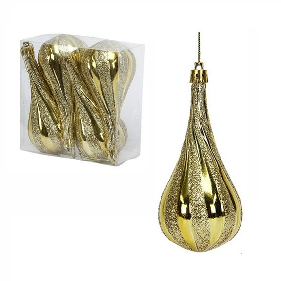 Colorful 4 Pack Christmas Teardrop Ornaments Gold Electroplated, Unique Shape Tree Decor With Hanging Strings, Plastic Glitter Balls For Holiday Party