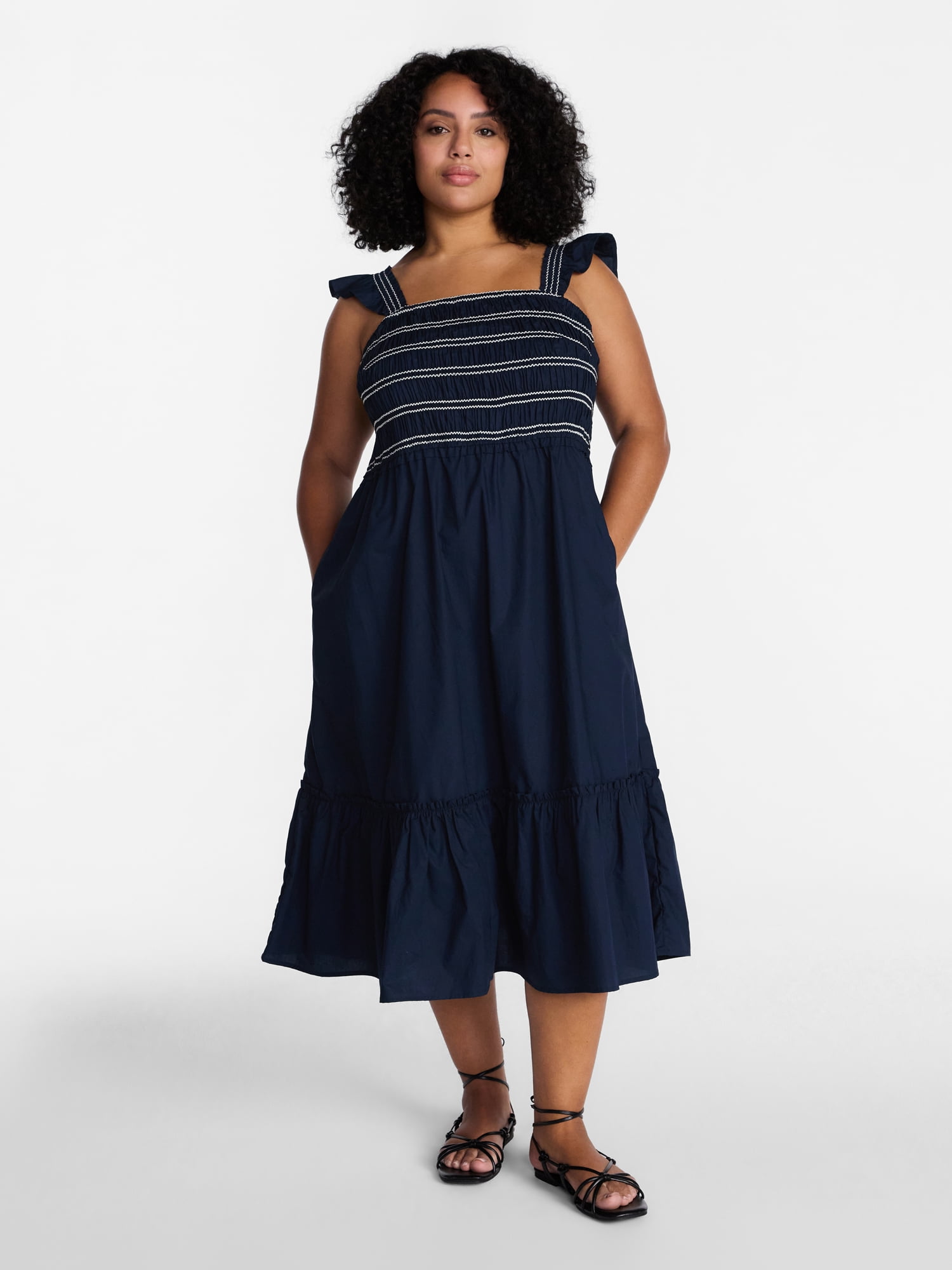 Time and Tru Women's and Women's Plus Sleeveless Smocked Cotton Midi Dress, Sizes XS-4X