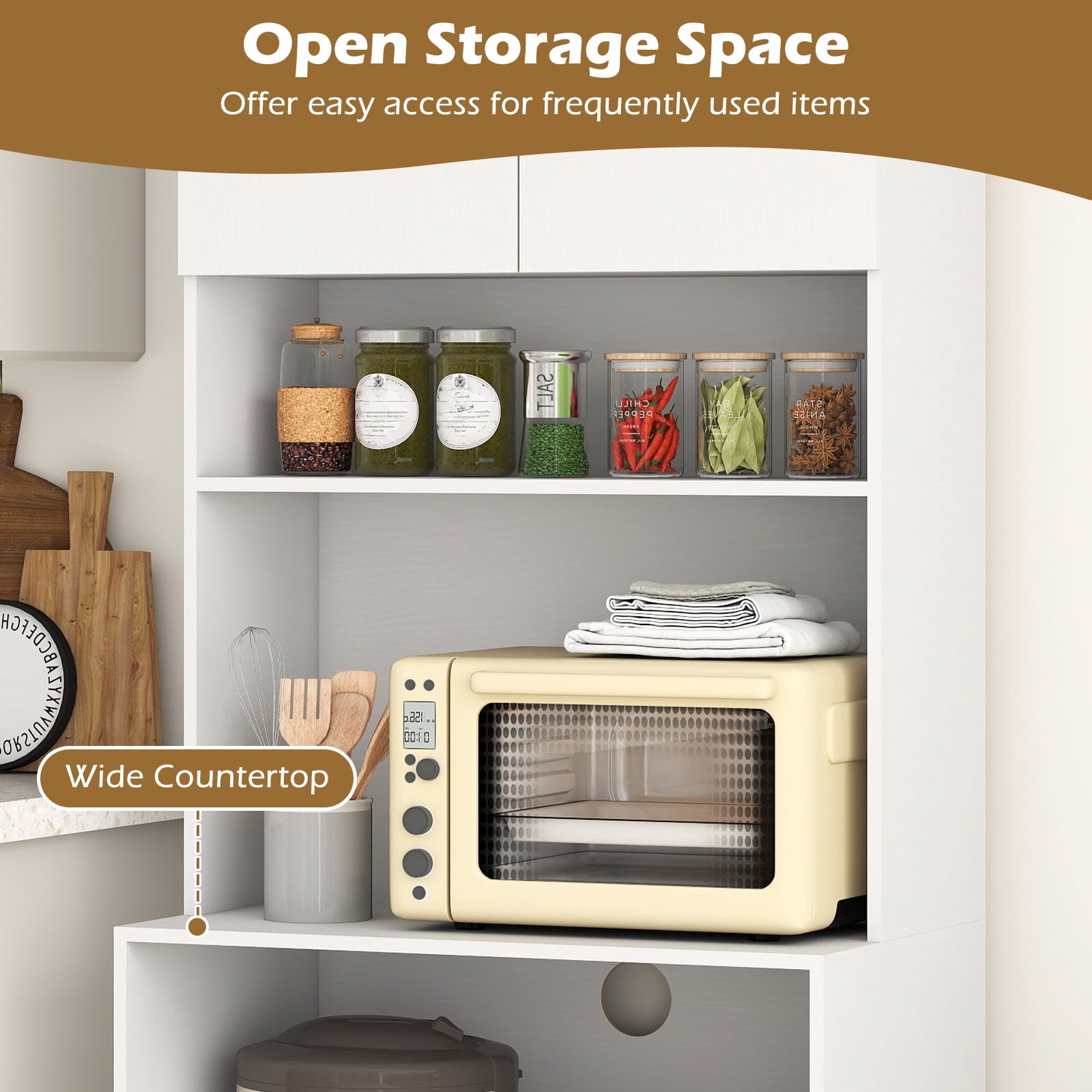 Costway Kitchen Pantry Cabinet with Charging Station, Adjustable Shelves and Doors, White