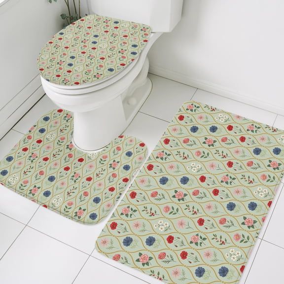 Floral Bathroom Rugs Set Green Background French Style Cottagecore Vintage Non Slip Absorbent Soft Bath Mats 3 Piece Set with Bathroom Rug, U-Shaped Floor Mat, Toilet Seat Cover Small Size