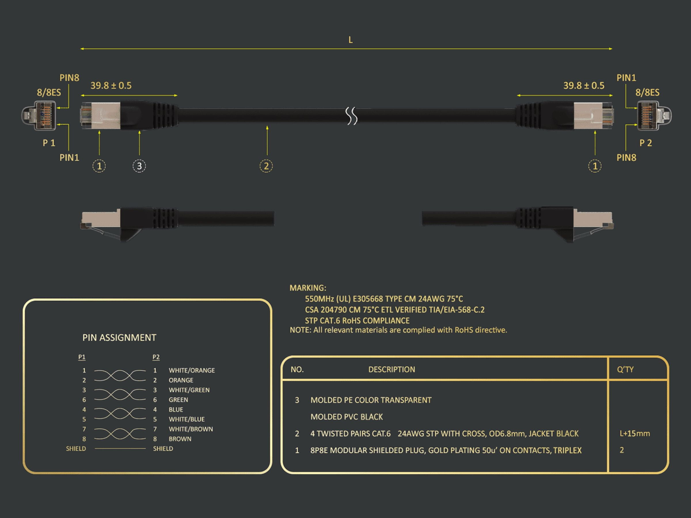 Cable Leader 100ft Cat6 Shielded Ethernet Network Patch Cable STP Snagless 24AWG Bare Copper, Black