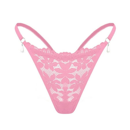 Yuhangmm Elegant Lace Floral Womens Thong With Bead Pendant Comfortable Low Waist G String Panties Bride Lingerie