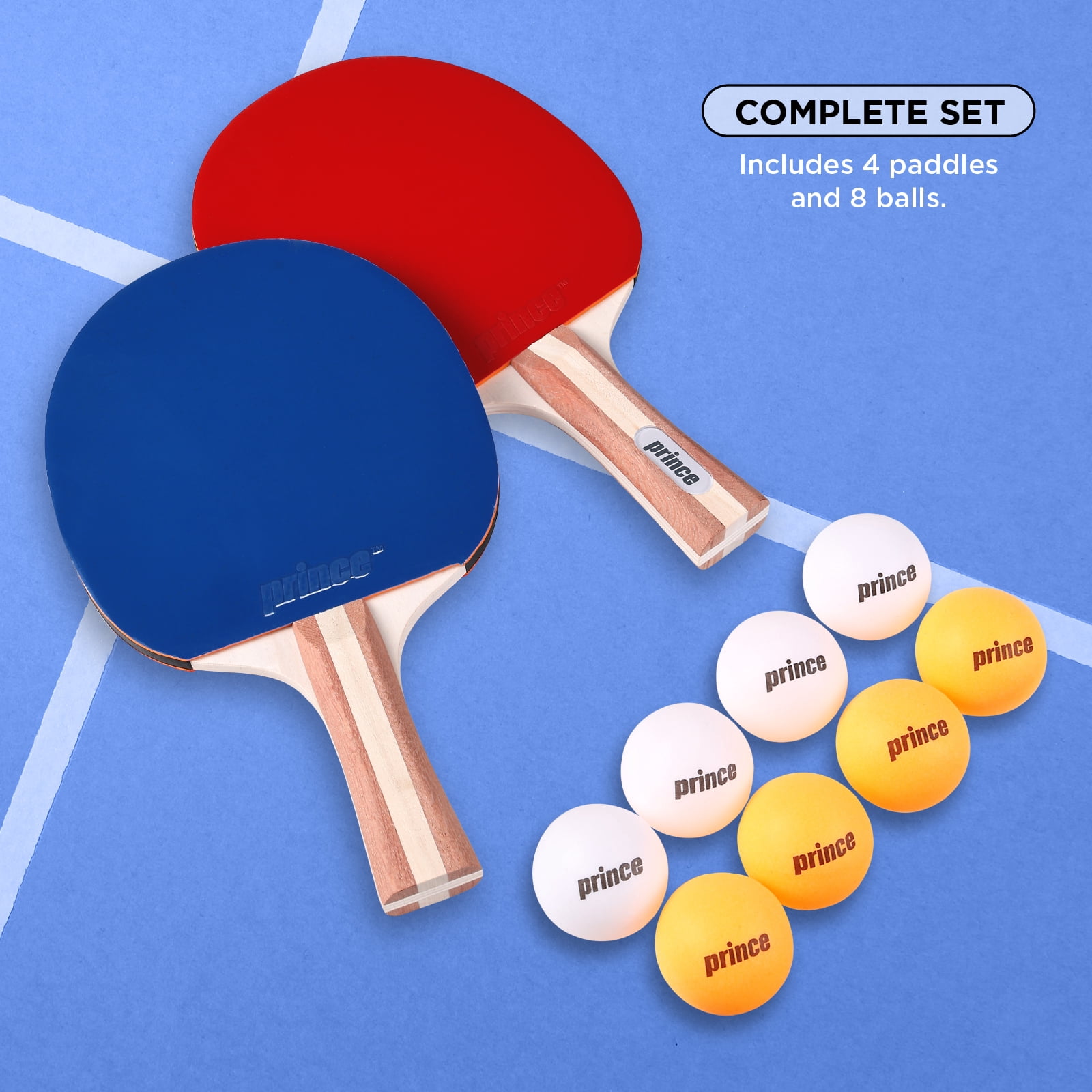 Prince Ping Pong 4 Player Set, Table Tennis Paddle & Ball Kit with 4 Paddles, 8 Balls, Wooden Handles, Rubber Paddle Surface & Portable Zipper Case for Family Games, Practice & Recreational Play