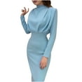 thumbnail image 2 of OKBOP Plus Size Dresses for Wedding Guest-Mermaid Clothing 2022 Autumn New Fashion Temperament Waist Closing Foreign Air Solid Color Long Sleeve Round Neck Dress Summer Womens Dresses, 2 of 7