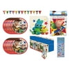 Toy Story Birthday Party Supplies Bundle includes 16 Lunch Plates, 16 Napkins, 1 Plastic Table Cover, 1 Banner, 1 Dinosaur Sticker Sheet