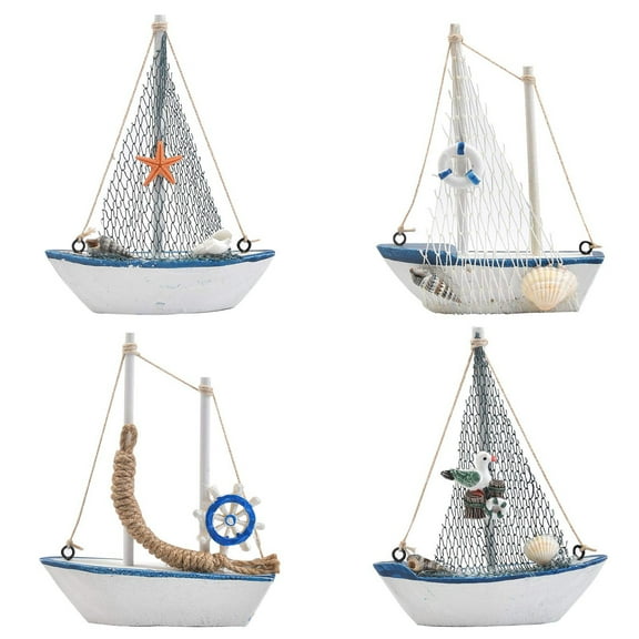 fenze Mini Sailboat Model Decoration - 4 Pieces Wooden Miniature Sailing Boat Home Decor Set, Beach Nautical Design, 4.3 x 1.2 x 5.3 Inch