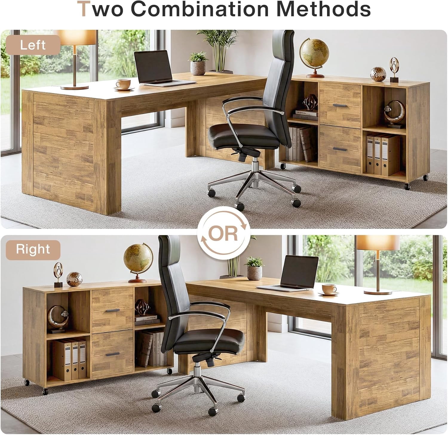 Tribesigns 63" L Shaped Desk with Storage, Executive Office Desk with Rolling File Cabinet Combo, Business Furniture Set for Home Office, Brown