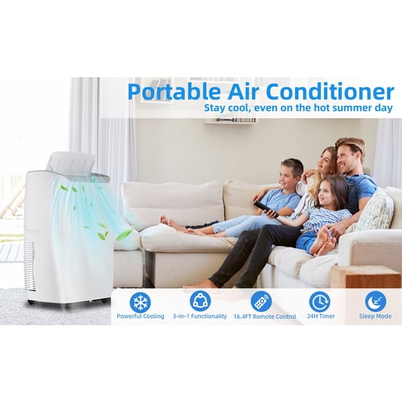14000 BTU Portable Air Conditioner, 3-in-1 Cooling, Dehumidifier & Fan - Fast Cooling, Remote, 24H Timer, Freestanding for Home & Office, Cools Up to 750 Sq.Ft, White