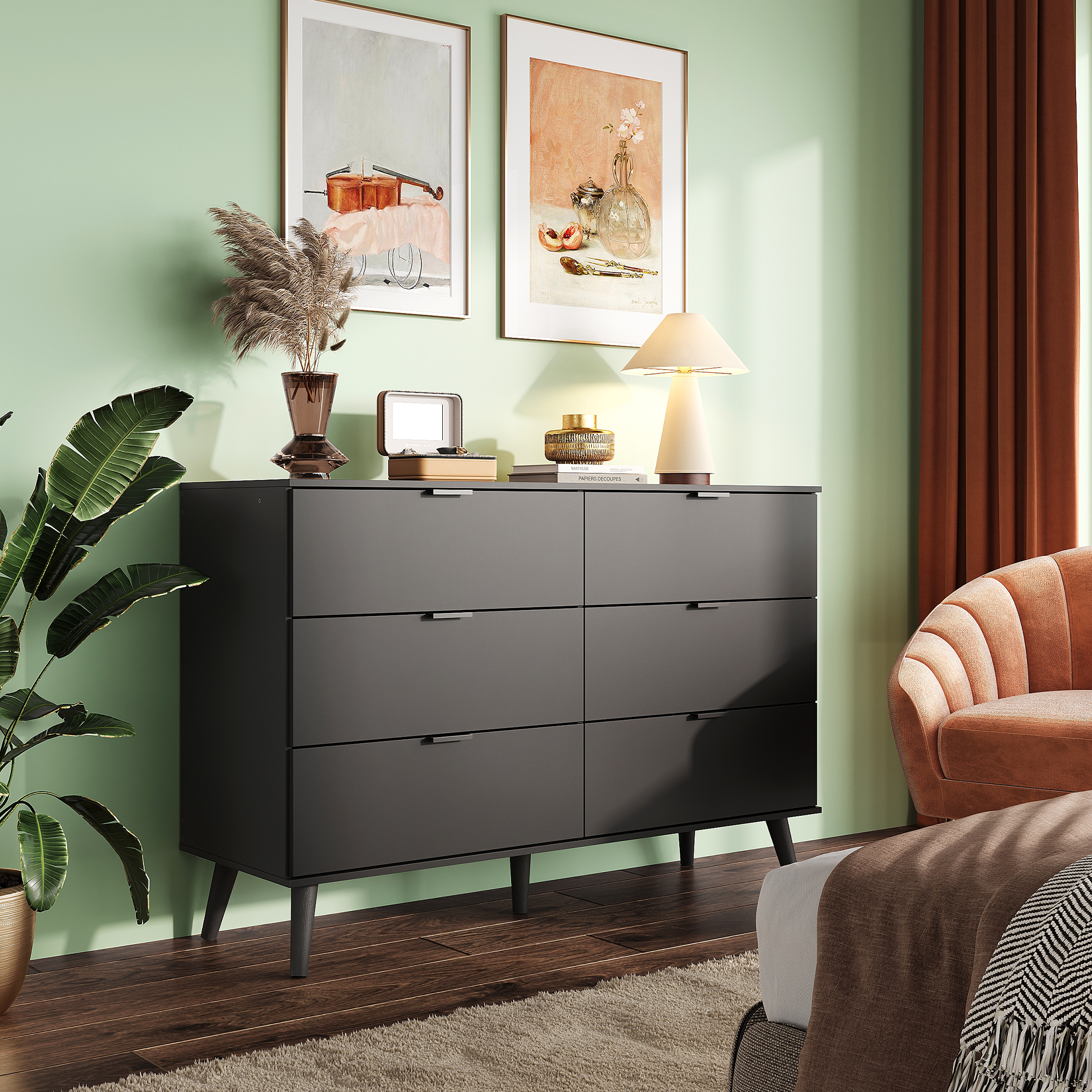 GALAXHERO 6 Drawer Wood Dresser, 47.2" Wide Chest of Drawer with Metal Handles, TV Stand for 55" TV, Double Dresser for Bedroom, Living Room, Hallway, Closet, Black