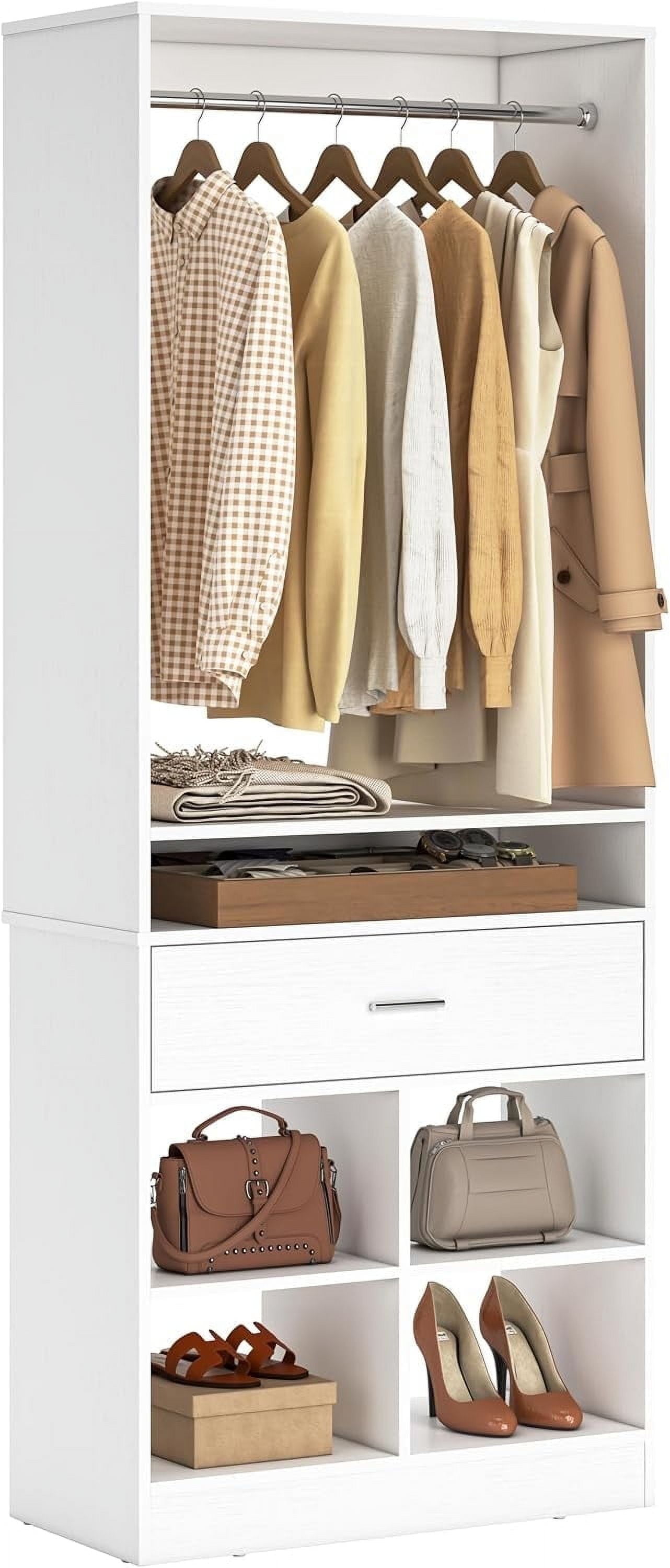 Homieasy Freestanding Closet Organizer System with Wood Drawer, 4 Cubby Storage & Hanging Rods - 25''W x 80''H Tower Wardrobe for Walk-In Closets, White
