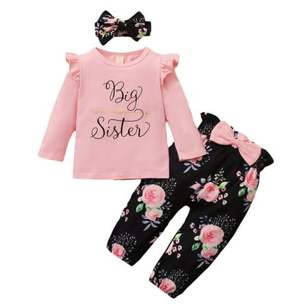 

Baby Girl Long Sleeve Romper Tops Floral Print Pants Headband Outfits