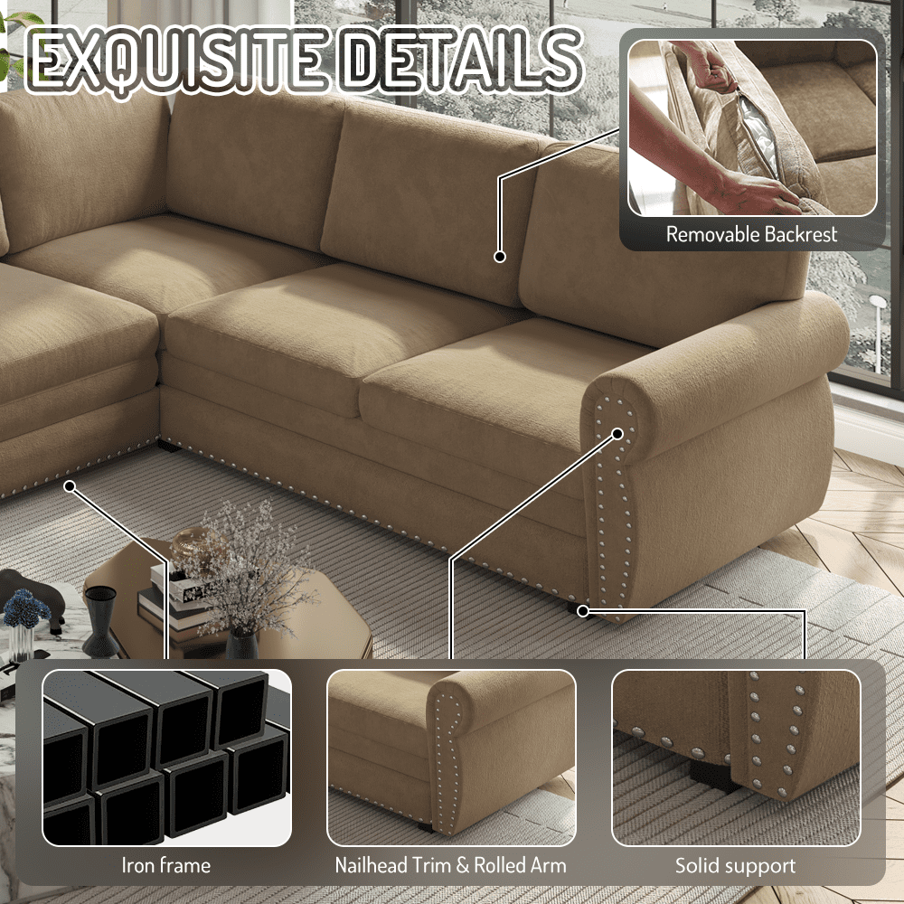 LLappuil Sectional Sofa, Pull Out Sofa Bed King Size, 6 Seat Chenille Sofa Couch Convertible Sleeper Sofa Bed for Living Room Camel