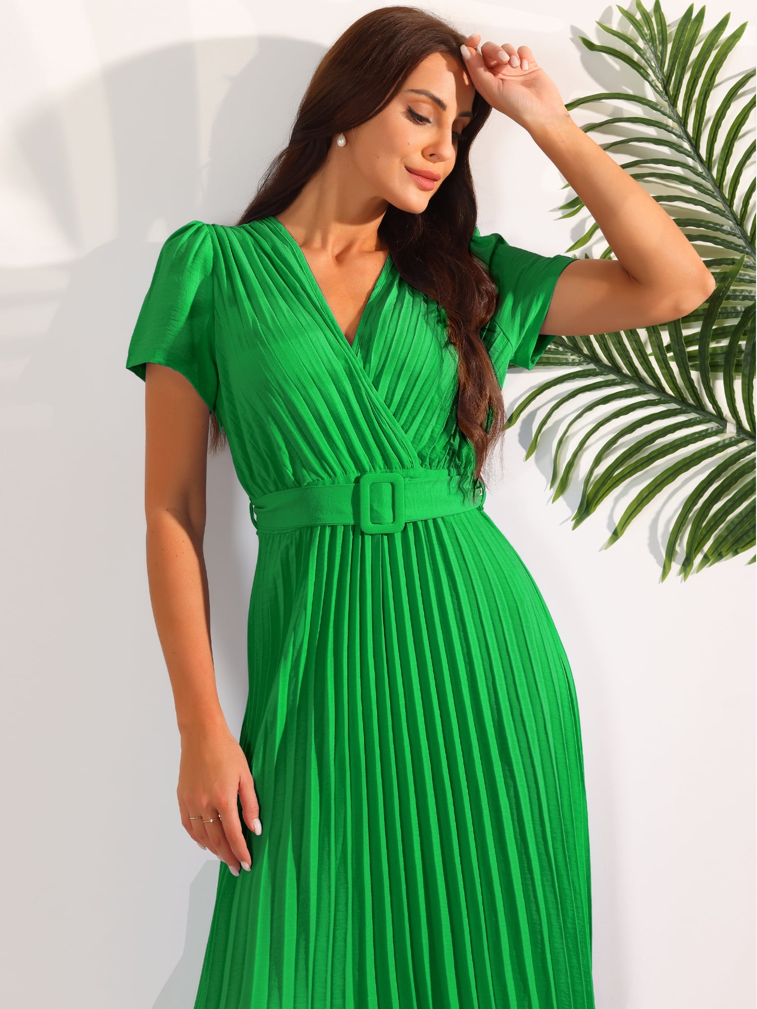 DARING DIVA Wrap V Neck Flowy Pleated Midi Dress S Green