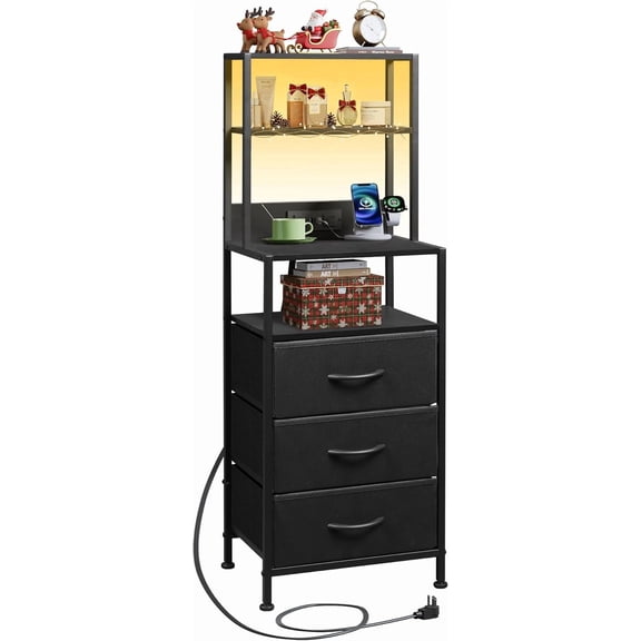 Nightstand Set of 2 with Charging Station, LED Night Stand Sets with 2 Drawers and 4 Storage Open Shelves, Fabric Dressers for Bedroom, Black